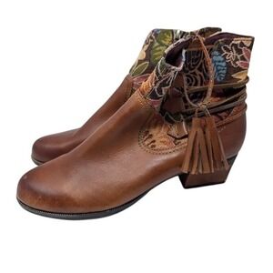 L'Artiste Spring Step Leather Ankle Booties Tapestry Floral Tassel Boho Women 10